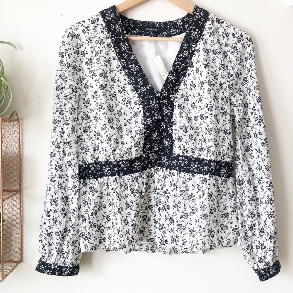 Madewell Clip-dot Branch Floral V-Neck Peplum Top Black White Dainty Monochrome - Picture 2 of 12